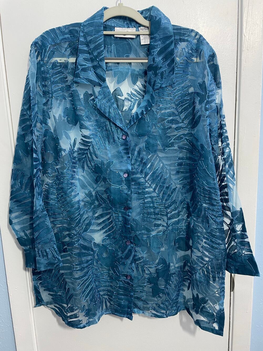 Units Tall Blouse XXL Tall Blue Sheer Tropical Floral Embroidered Beaded NWOT